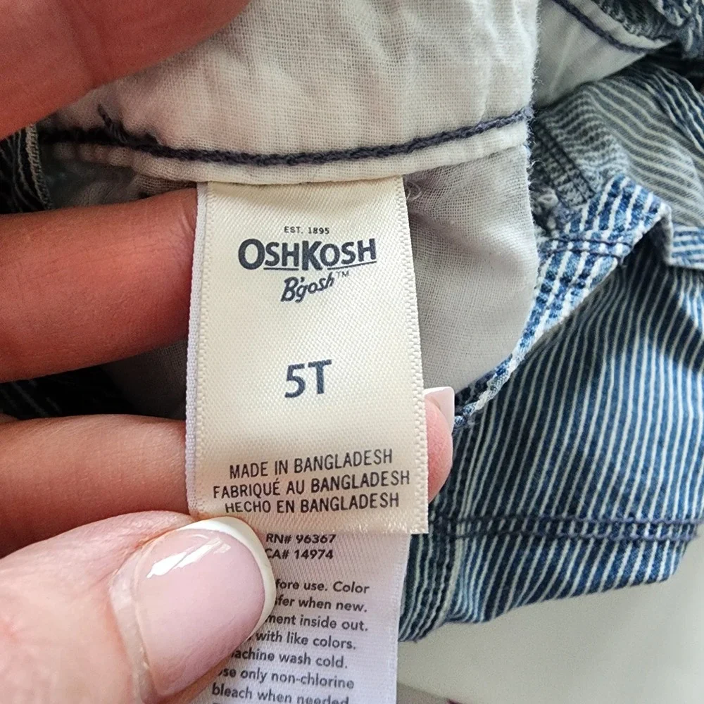 OshKosh blue white‎ striped conductor overalls tie girls size 5T